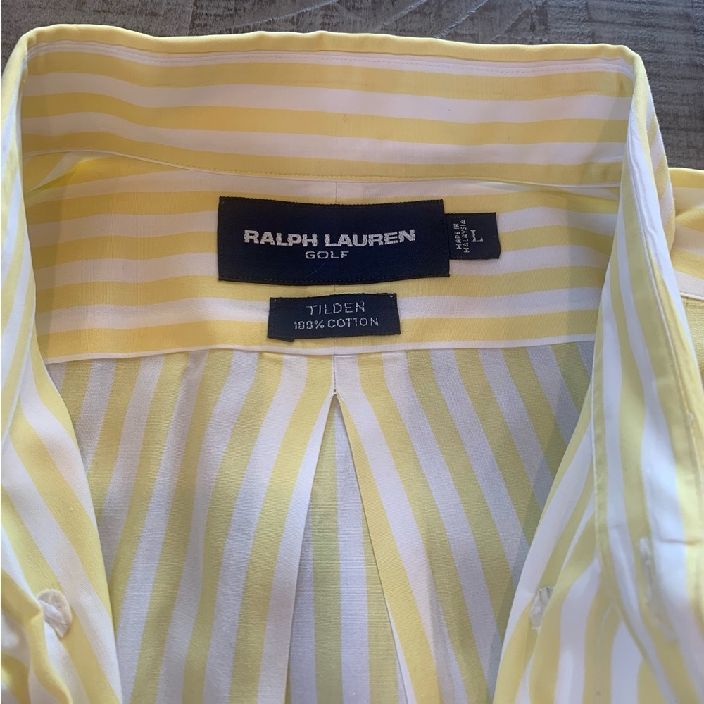 Ralph Lauren golf long sleeve button up shirt. LG classic yellow pin stripes